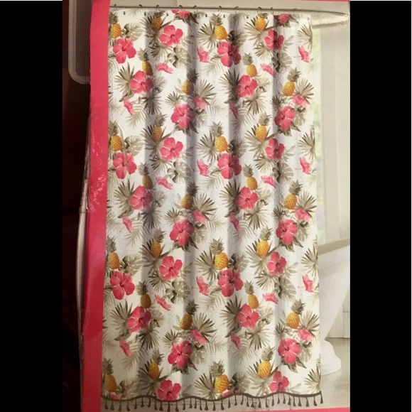Pink Hibiscus Pineapples Fabric Shower Curtain - Picture 9 of 9